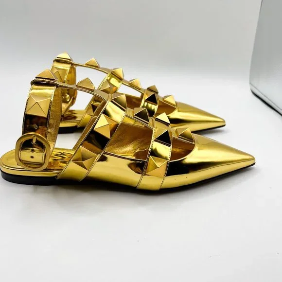 Valentino Garavani Roman Stud Metallic Gold Leather Ballerina Ankle-Strap Flats - Picture 3 of 10